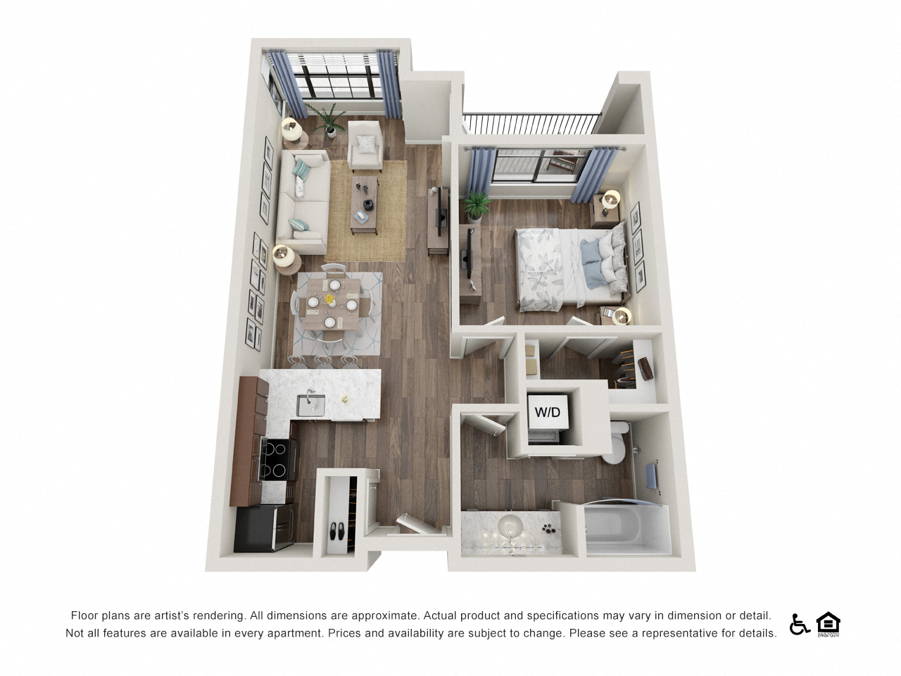 Floor plan for 1 bed, 1 bath, 685 sqft